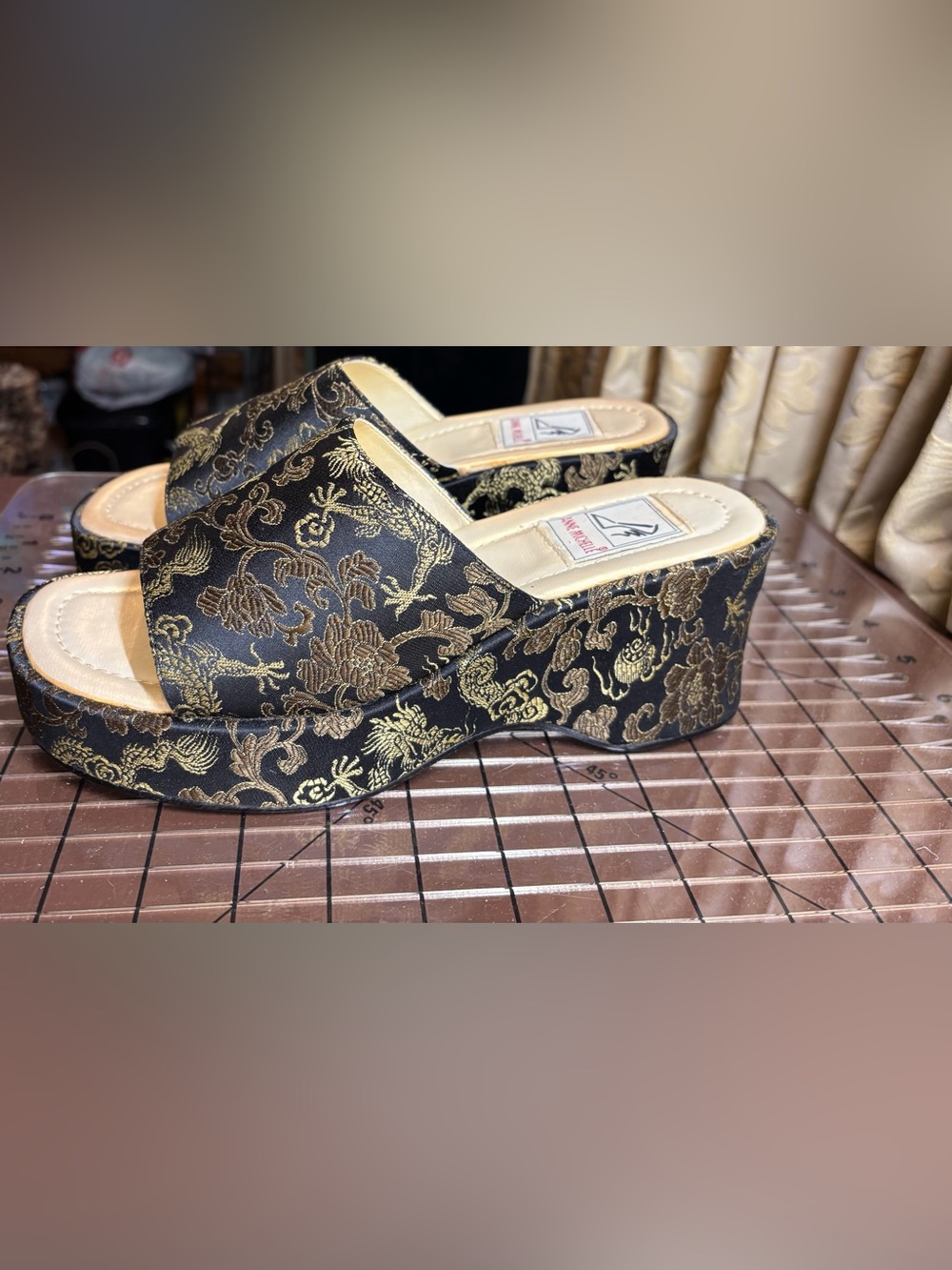VTG 90s Anne Michelle Brocade Platform Wedge Slides